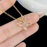 Stainless Steel Pink Crystal Butterfly Korean Necklace β Gold Polish