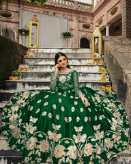 Embroidery Organza Sleeves Top With Matching  Pearls Attached Attached Embroidery Long Flare Skirt 2Pcs