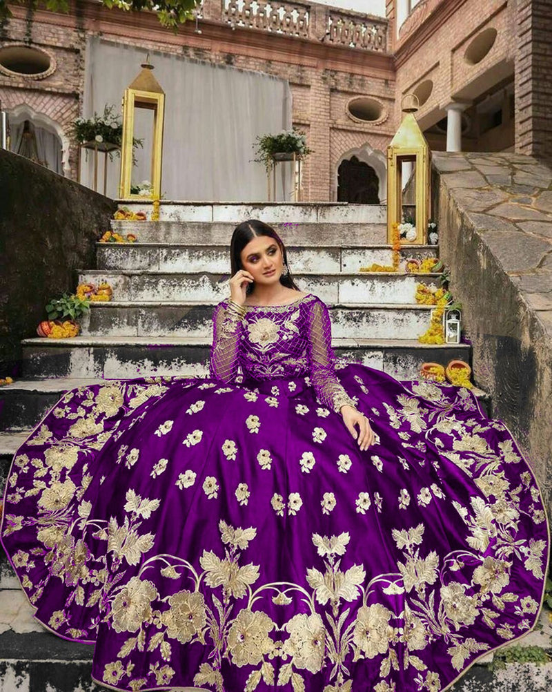 Embroidery Organza Sleeves Top With Matching  Pearls Attached Attached Embroidery Long Flare Skirt 2Pcs